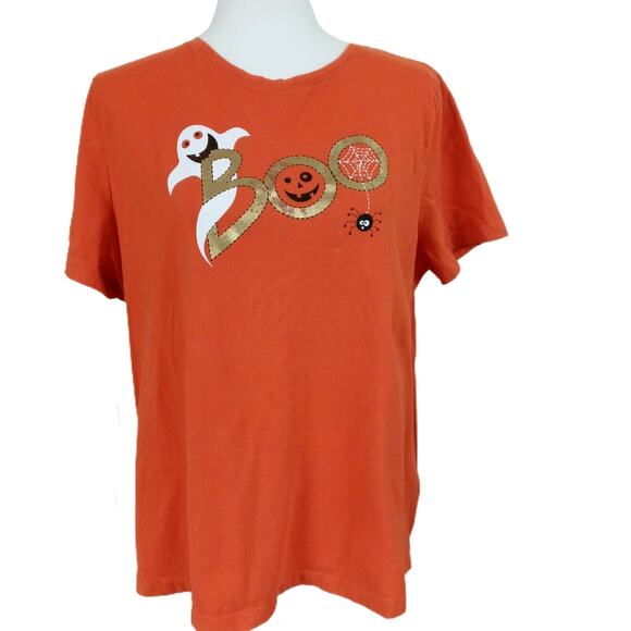 Orange Halloween T Shirt Ghost Pumpkin Spider Web BOO Graphic Girls JR 2XG - Picture 11 of 12
